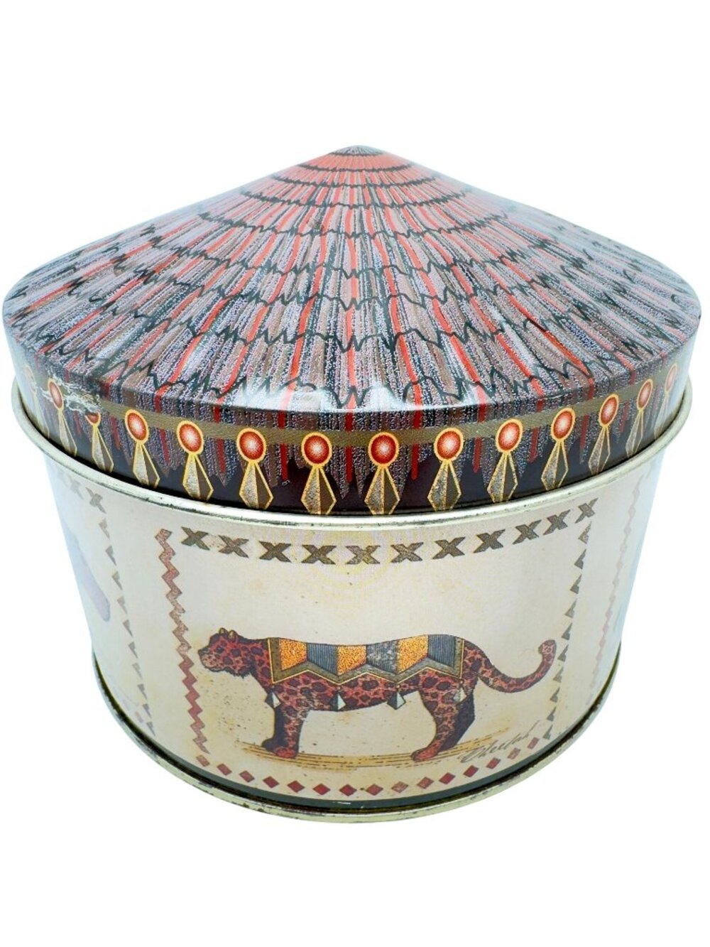 Vtg Animal Decorative Tin Lid Colorful Tapestry Design Rhino Zebra Camel 6"